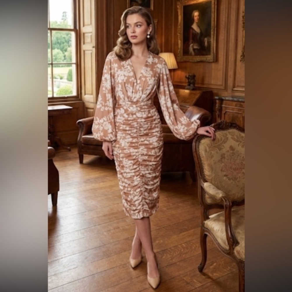 KEEPSAKE Dress Womens 4 S Beige White Bishop Sleeve ROSA MIDI Ruched Floral $360